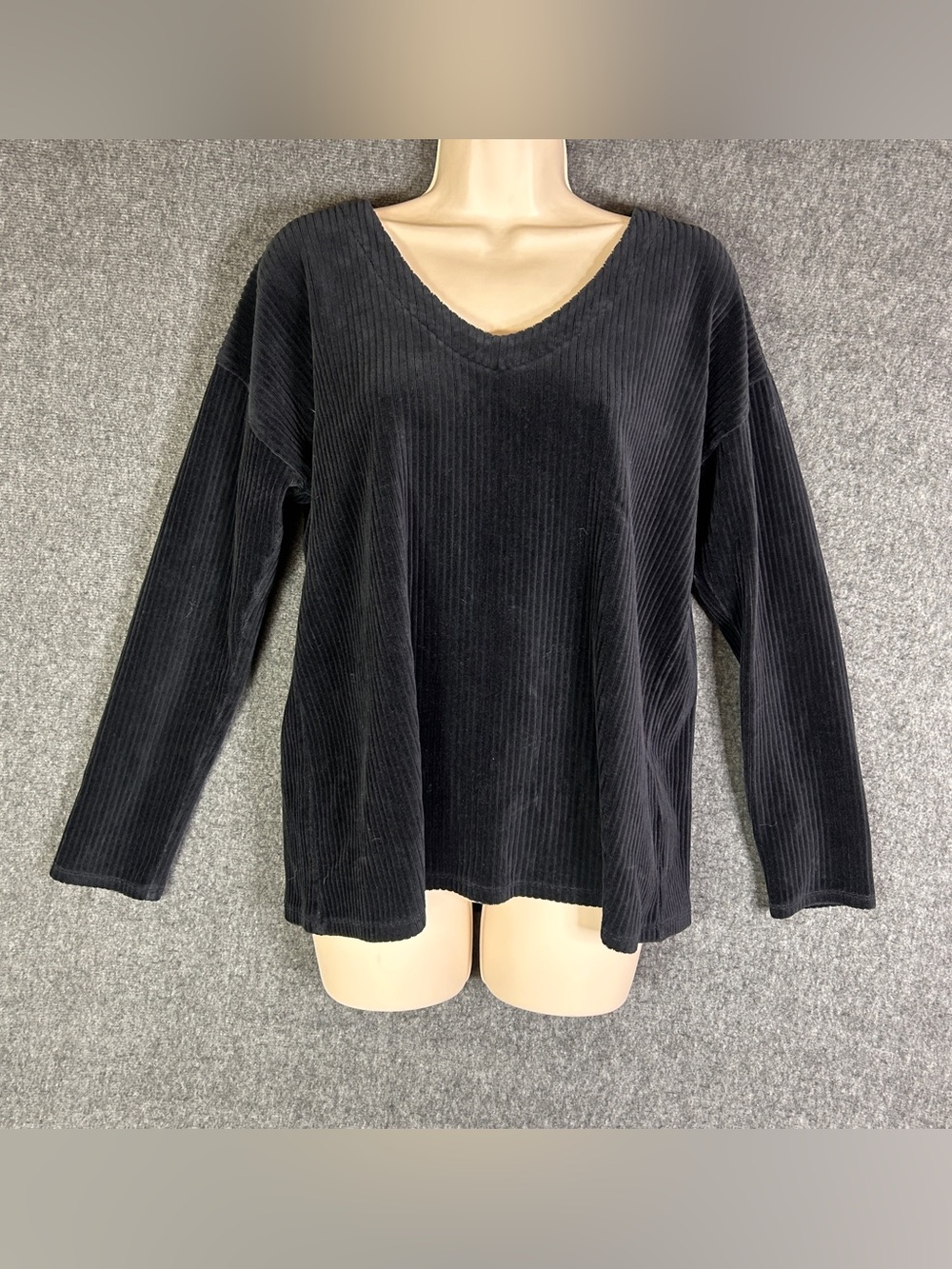 J Jill Shirt Womens Medium Black Ribbed Velour V-Neck Long Sleeve Tunic Top